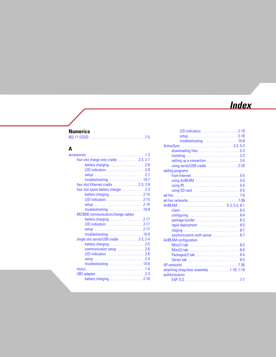 Index, Numerics | Symbol Technologies MC3000 User Manual | Page 203 / 212