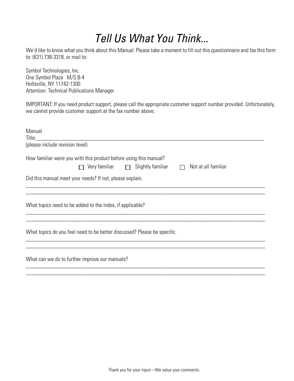 Tell us what you think | Symbol Technologies MC3000 User Manual | Page 209 / 212