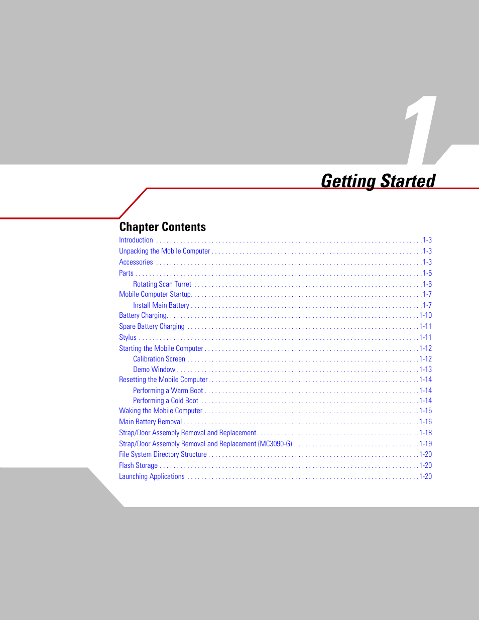 Getting started, Chapter 1, Chapter 1, getting started | Chapter contents | Symbol Technologies MC3000 User Manual | Page 21 / 212