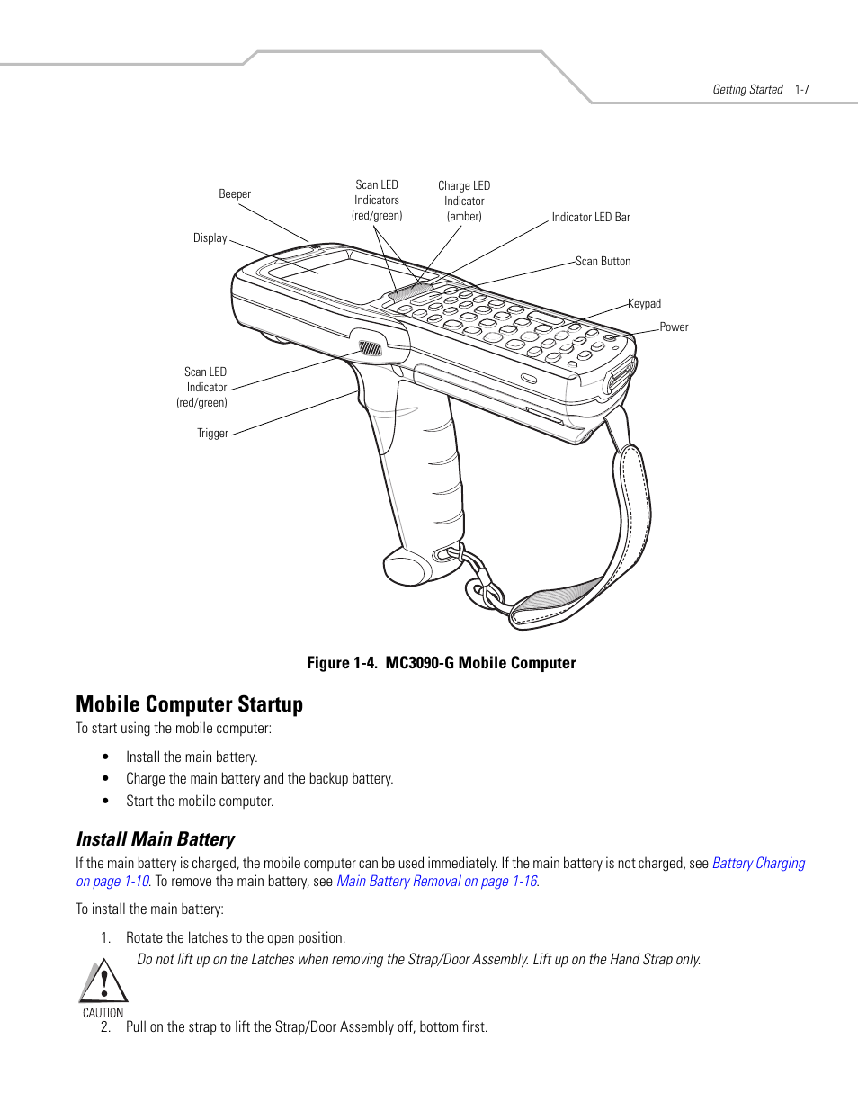 Mobile computer startup, Install main battery, Mobile computer startup -7 | Install main battery -7 | Symbol Technologies MC3000 User Manual | Page 27 / 212