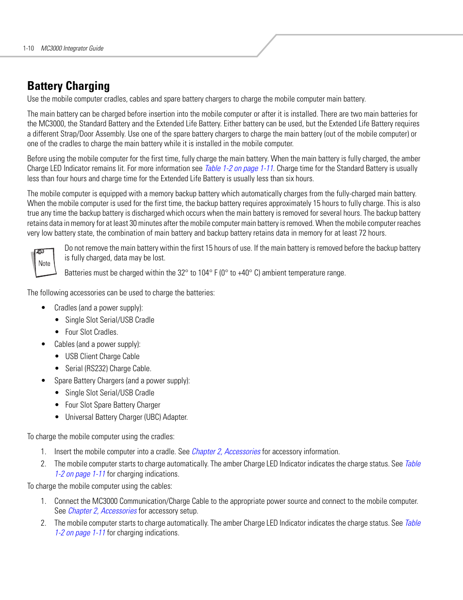 Battery charging, Battery charging -10 | Symbol Technologies MC3000 User Manual | Page 30 / 212