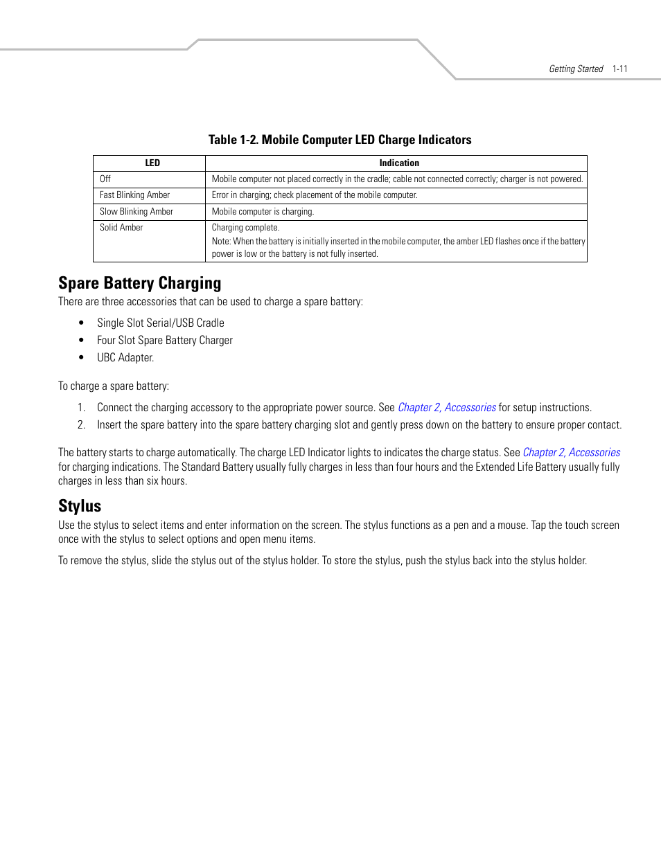 Spare battery charging, Stylus, Spare battery charging -11 stylus -11 | Table | Symbol Technologies MC3000 User Manual | Page 31 / 212