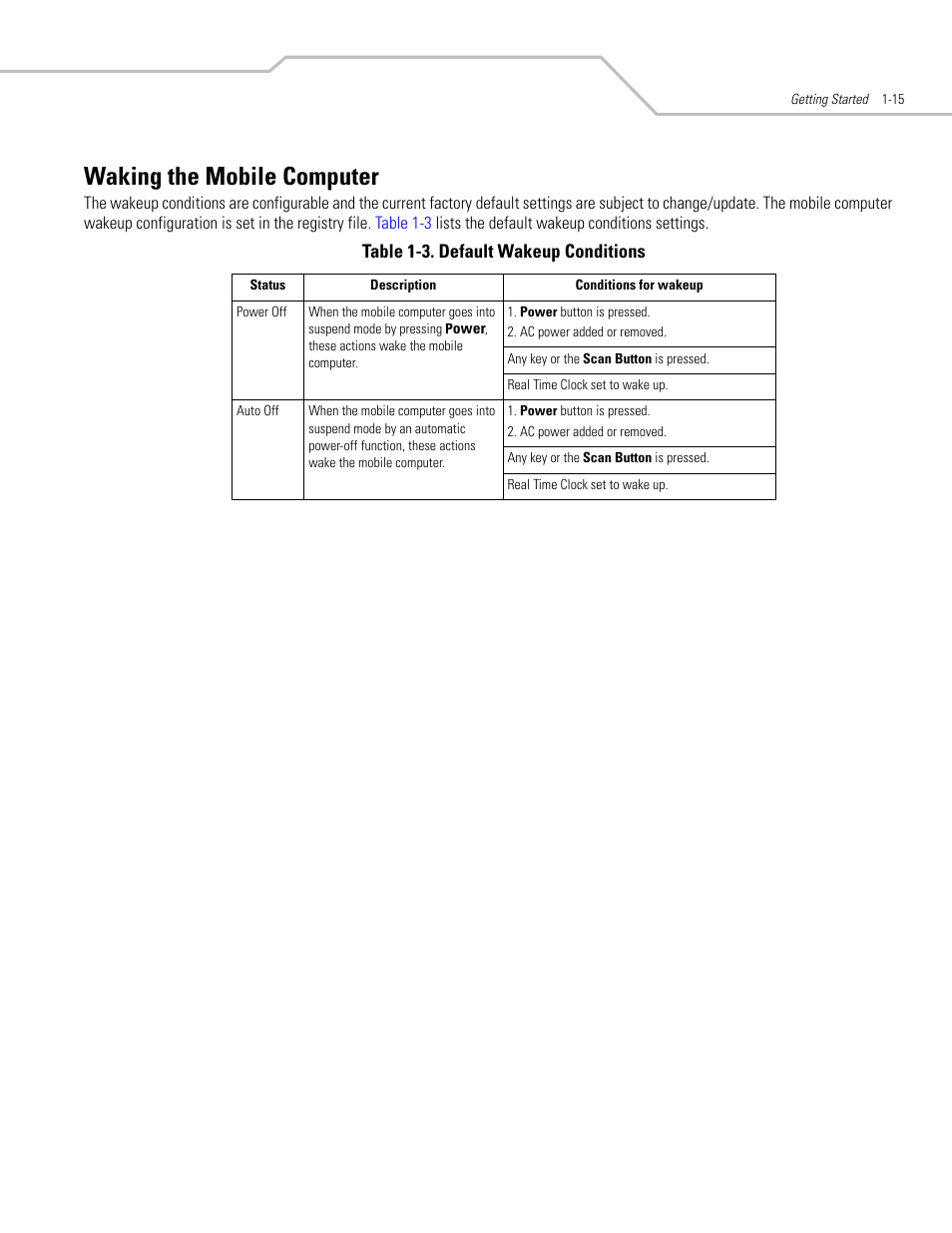 Waking the mobile computer, Waking the mobile computer -15 | Symbol Technologies MC3000 User Manual | Page 35 / 212