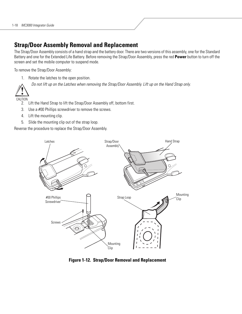 Strap/door assembly removal and replacement, Strap/door assembly removal and replacement -18 | Symbol Technologies MC3000 User Manual | Page 38 / 212