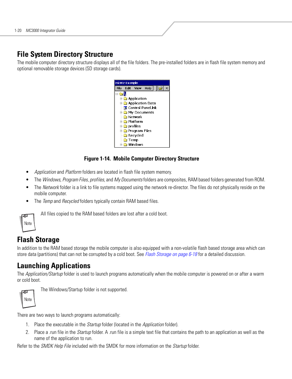 File system directory structure, Flash storage, Launching applications | File system directory structure -20, Flash storage -20 launching applications -20 | Symbol Technologies MC3000 User Manual | Page 40 / 212