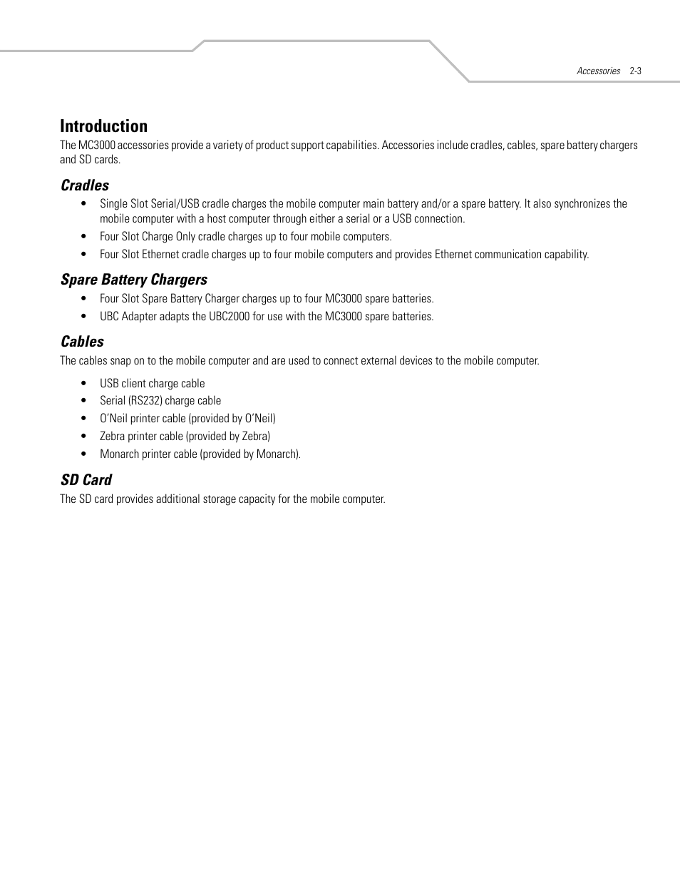 Introduction, Cradles, Spare battery chargers | Cables, Sd card, Introduction -3 | Symbol Technologies MC3000 User Manual | Page 43 / 212