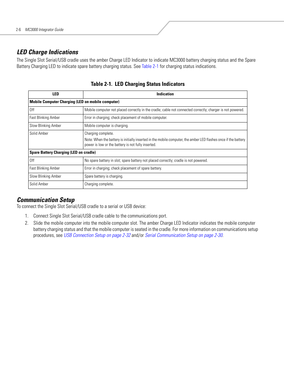 Led charge indications, Communication setup, Led charge indications -6 communication setup -6 | Symbol Technologies MC3000 User Manual | Page 46 / 212