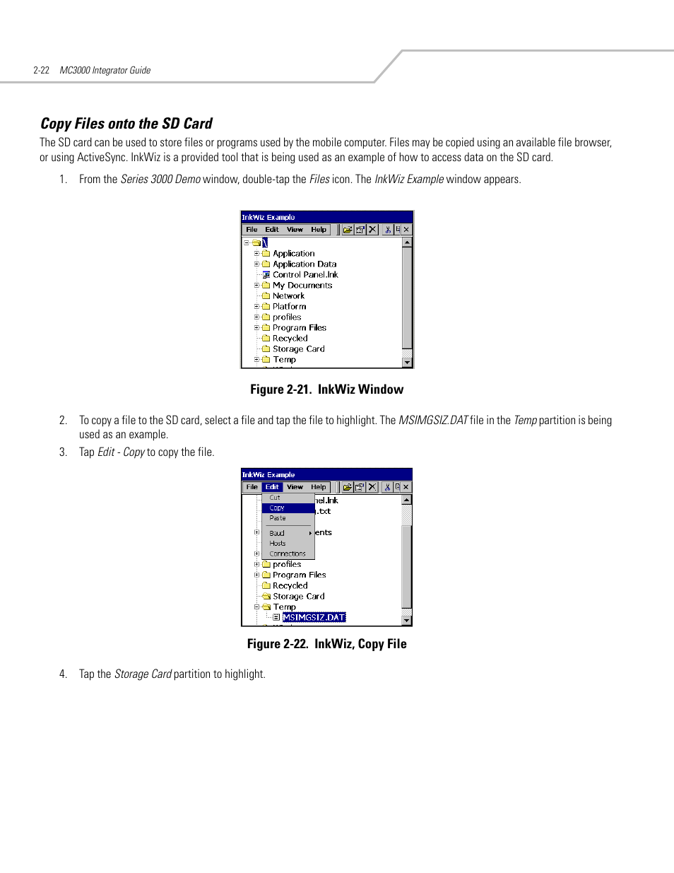 Copy files onto the sd card, Copy files onto the sd card -21 | Symbol Technologies MC3000 User Manual | Page 62 / 212