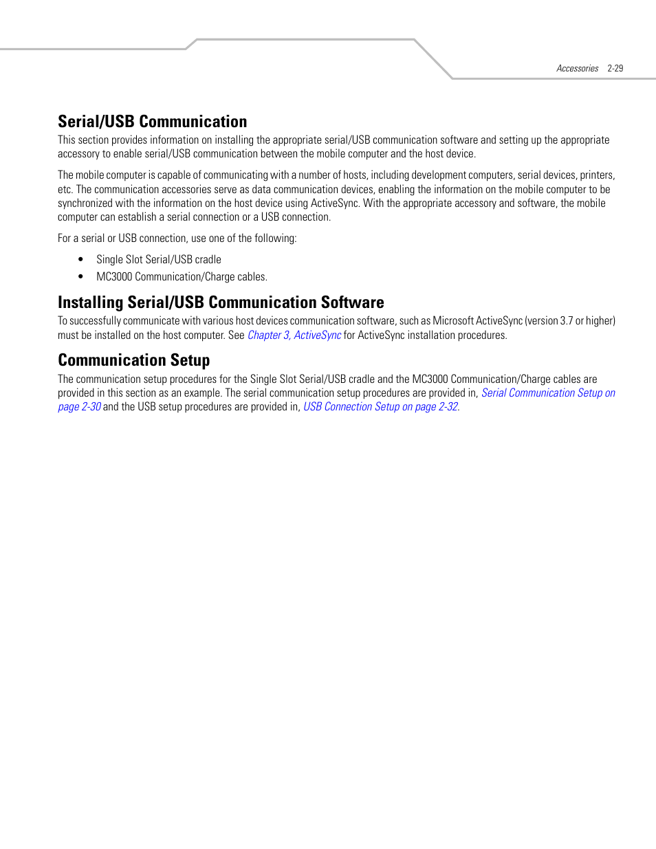 Serial/usb communication, Installing serial/usb communication software, Communication setup | Serial/usb communication -28 | Symbol Technologies MC3000 User Manual | Page 69 / 212