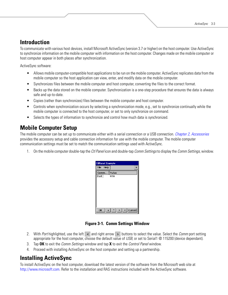 Introduction, Mobile computer setup, Installing activesync | Introduction -3, Mobile computer setup -3 installing activesync -3 | Symbol Technologies MC3000 User Manual | Page 77 / 212