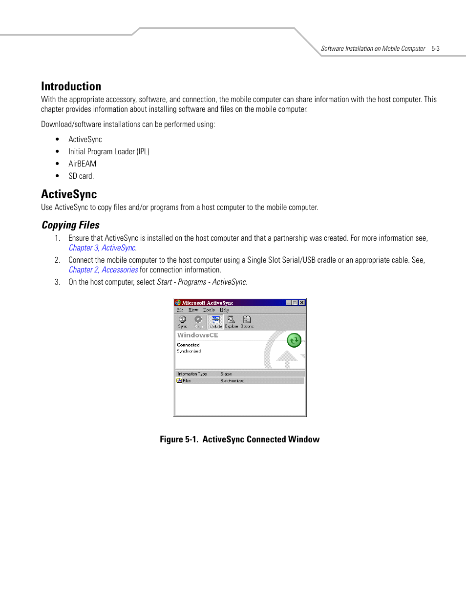 Introduction, Activesync, Copying files | Introduction - 3 activesync -3, Copying files -3, Introduction -3 activesync -3 | Symbol Technologies MC3000 User Manual | Page 91 / 212