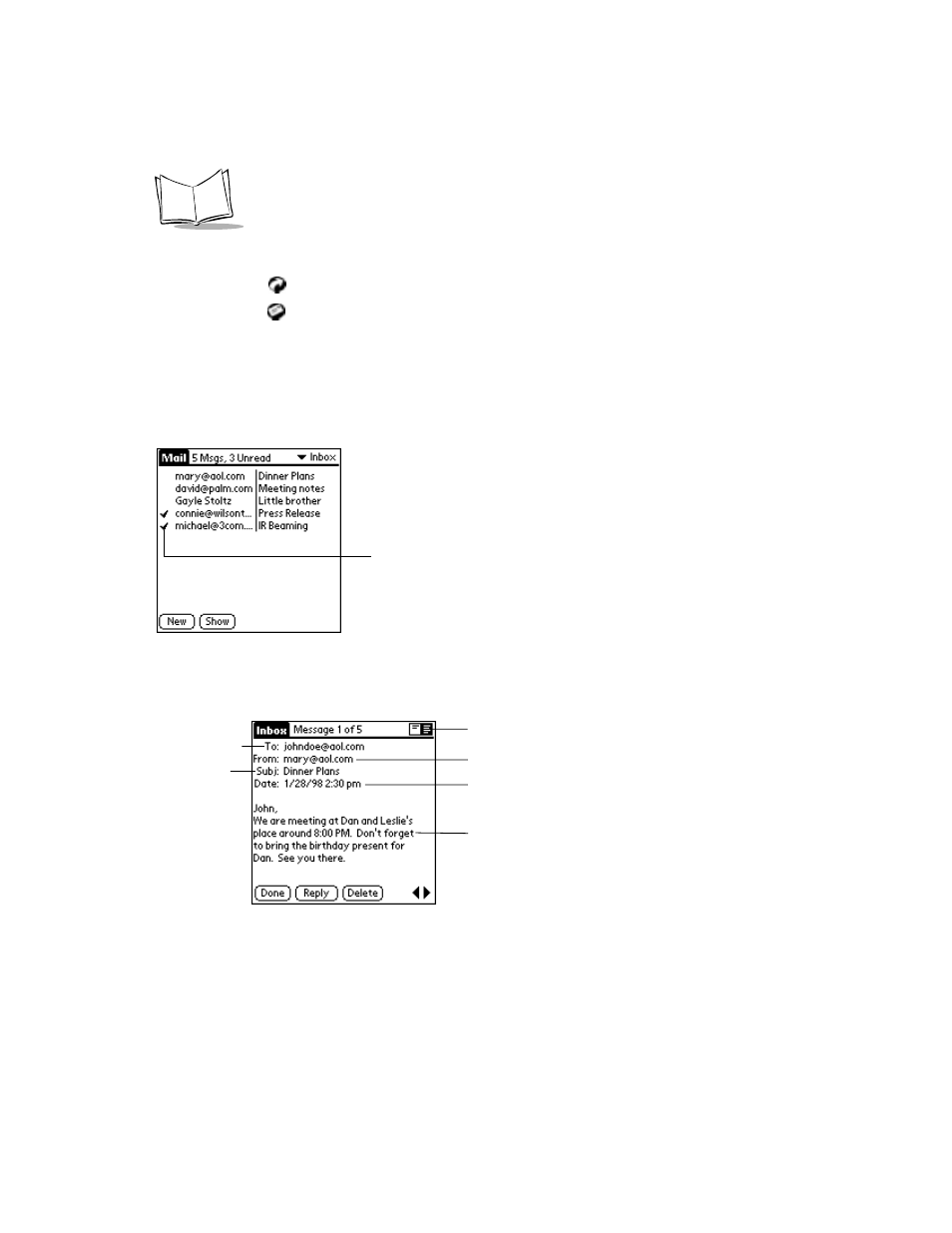 Opening mail on your spt 1500 terminal, Viewing messages | Symbol Technologies SPT 1500 User Manual | Page 128 / 261