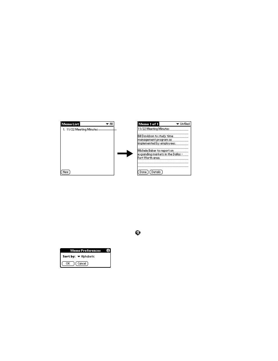 Reviewing memos, Arranging memos, Reviewing memos -3 arranging memos -3 | Symbol Technologies SPT 1500 User Manual | Page 155 / 261