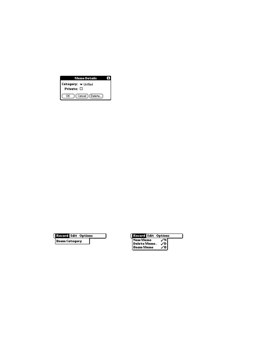 Deleting a memo, Memo pad menu commands, Record menu | Deleting a memo -5 memo pad menu commands -5, Record menu -5, Shortcuts preferences -25 | Symbol Technologies SPT 1500 User Manual | Page 157 / 261