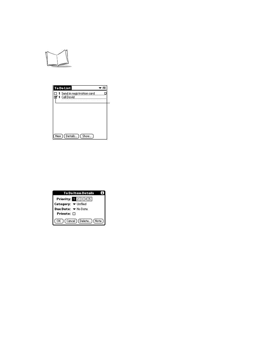 To do item details, Choosing a to do category, Setting a due date | Symbol Technologies SPT 1500 User Manual | Page 198 / 261
