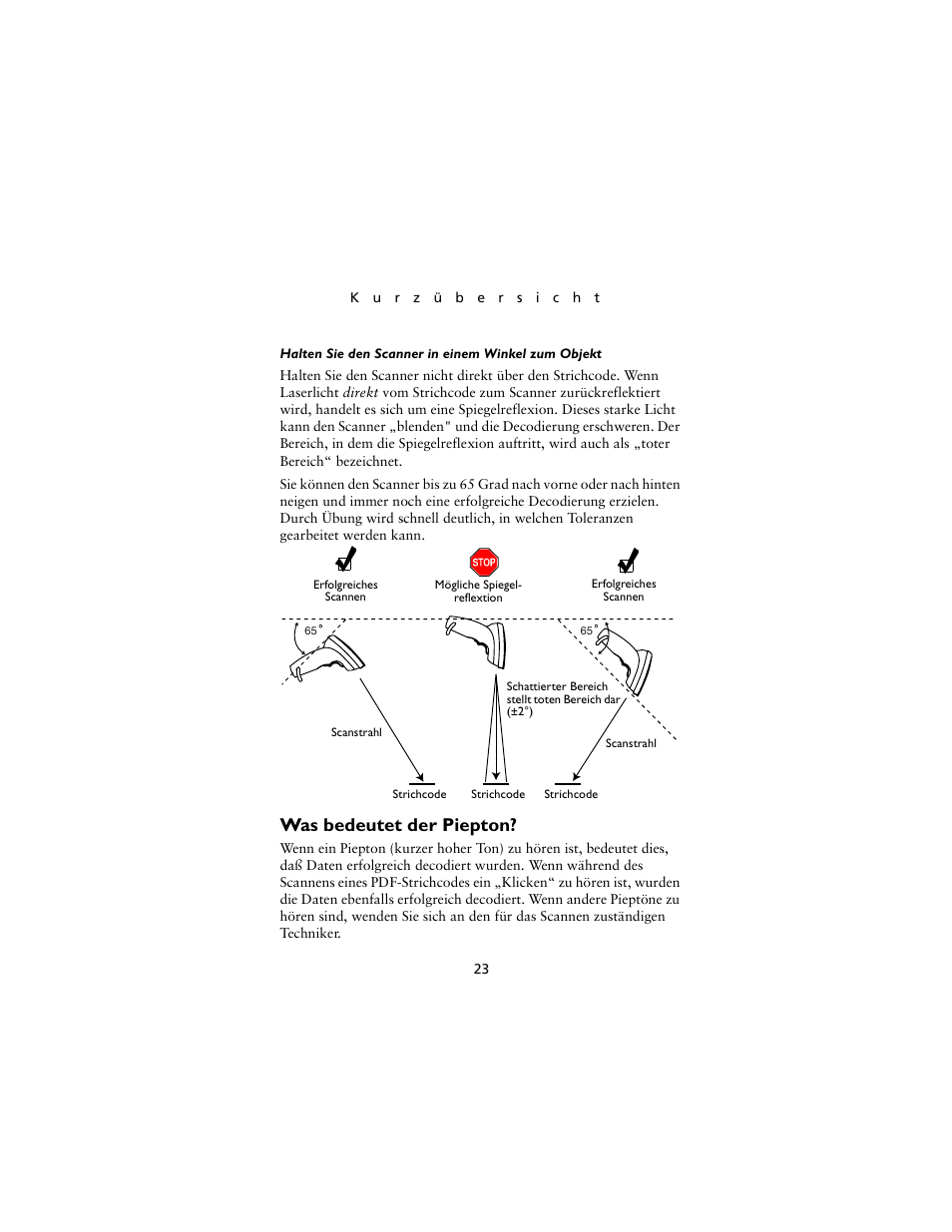 Was bedeutet der piepton, Was bedeutet der piepton? auf seite 23 | Symbol Technologies LS4000P Series User Manual | Page 25 / 48