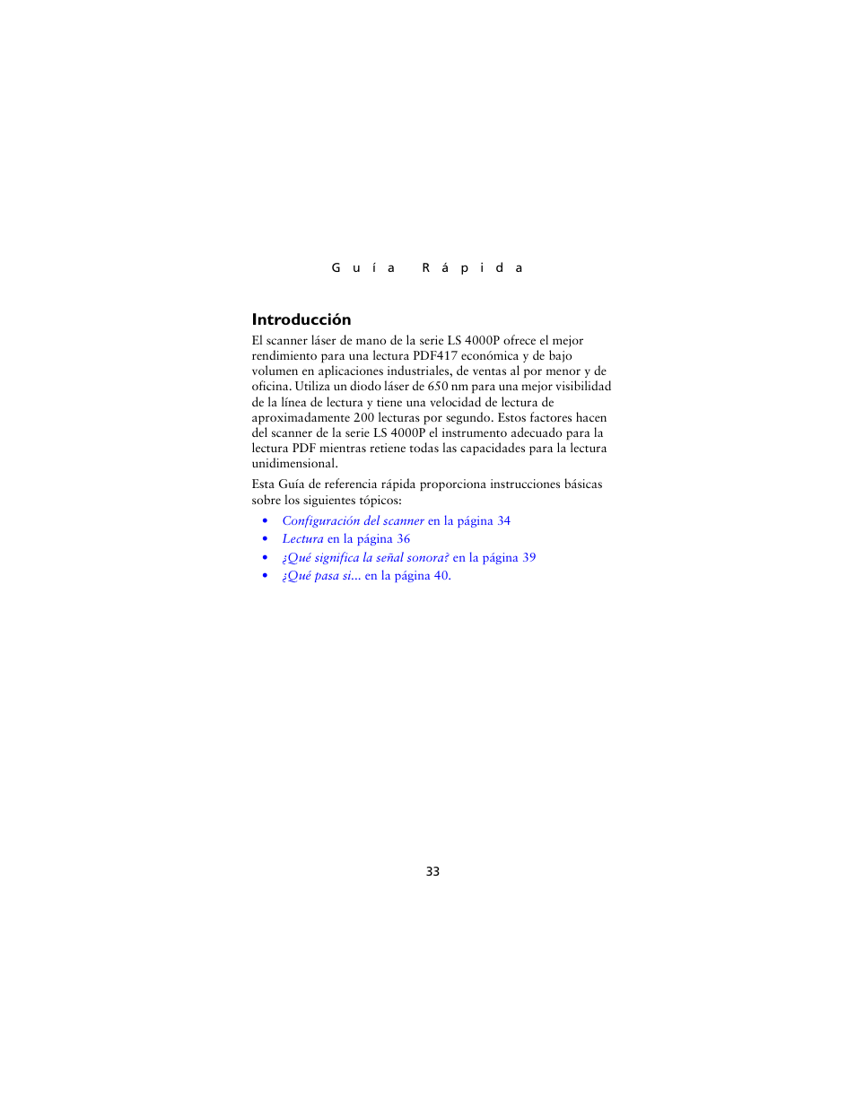 Guía rápida, Introducción | Symbol Technologies LS4000P Series User Manual | Page 35 / 48