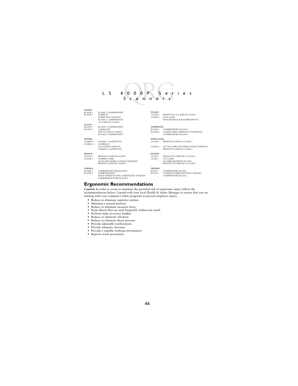 Ergonomic recommendations | Symbol Technologies LS4000P Series User Manual | Page 46 / 48