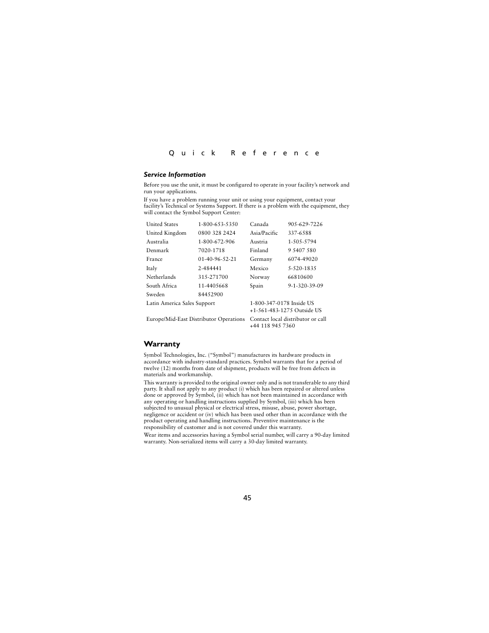 Warranty | Symbol Technologies LS4000P Series User Manual | Page 47 / 48