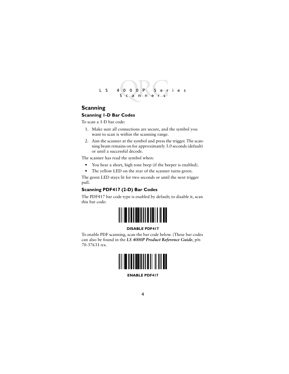 Scanning, Scanning 1-d bar codes, Scanning pdf417 (2-d) bar codes | Symbol Technologies LS4000P Series User Manual | Page 6 / 48