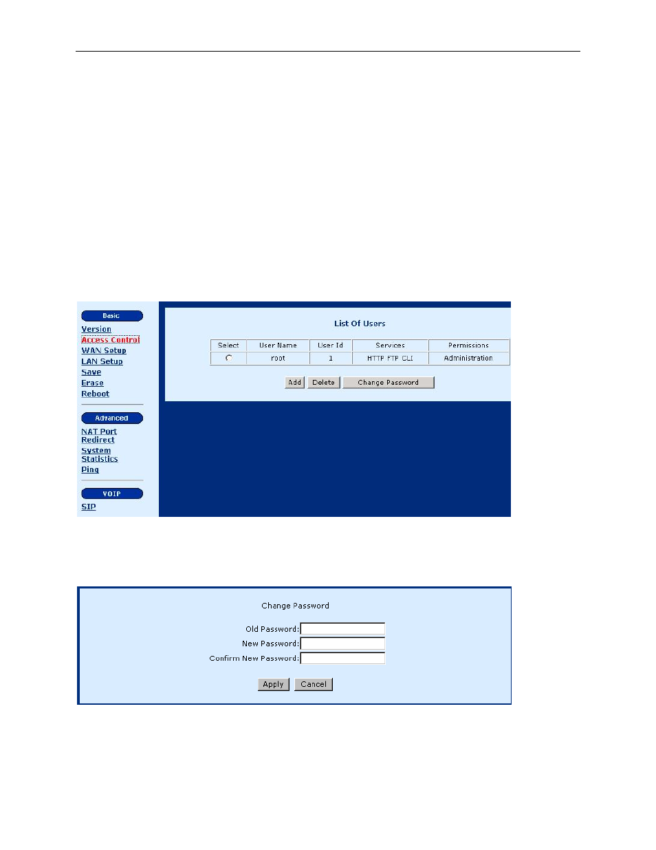 Basic configuration, Access control, Change the password | Chapter 4, Ccess, Ontrol, Chapter 4 basic configuration | Symbol Technologies 1813-A2-GB20-00 User Manual | Page 15 / 50