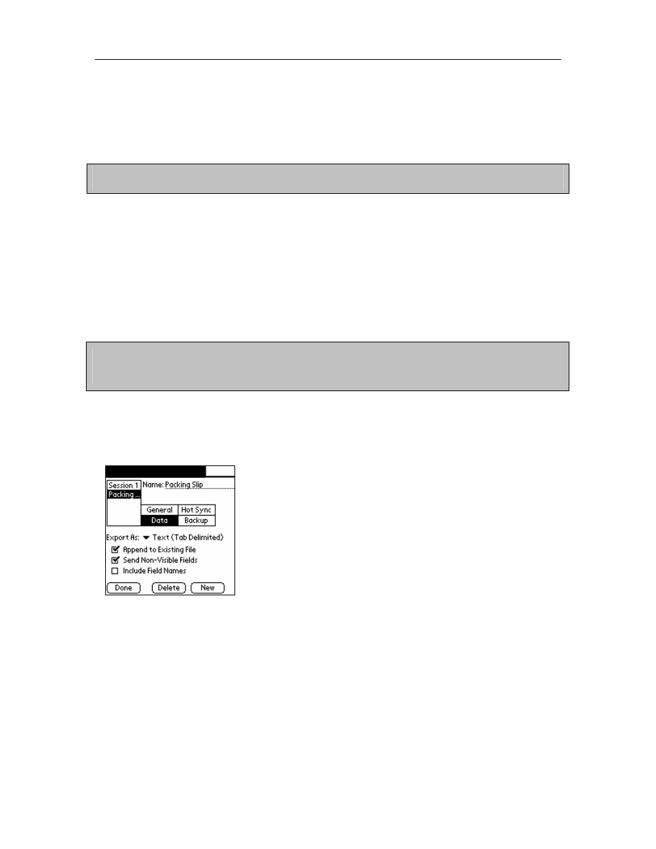 3 data storage and transfer settings, Data storage and transfer settings, Chapter 3: sessions | Symbol Technologies AccuScan Palm Pro User Manual | Page 13 / 34