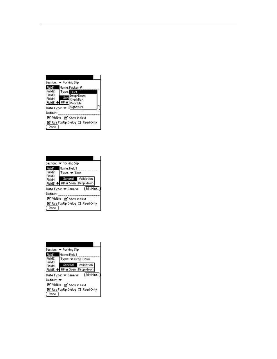 2 field settings explained, 1 field types, Field settings explained | Field types, Chapter 4: field settings | Symbol Technologies AccuScan Palm Pro User Manual | Page 18 / 34