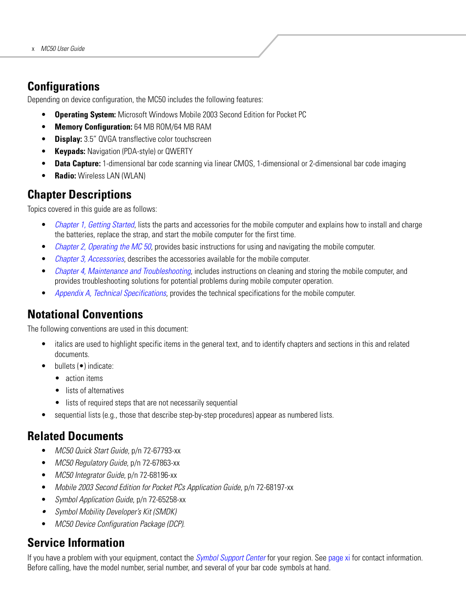 Configurations, Chapter descriptions, Notational conventions | Related documents, Service information | Symbol Technologies MC50 User Manual | Page 14 / 102