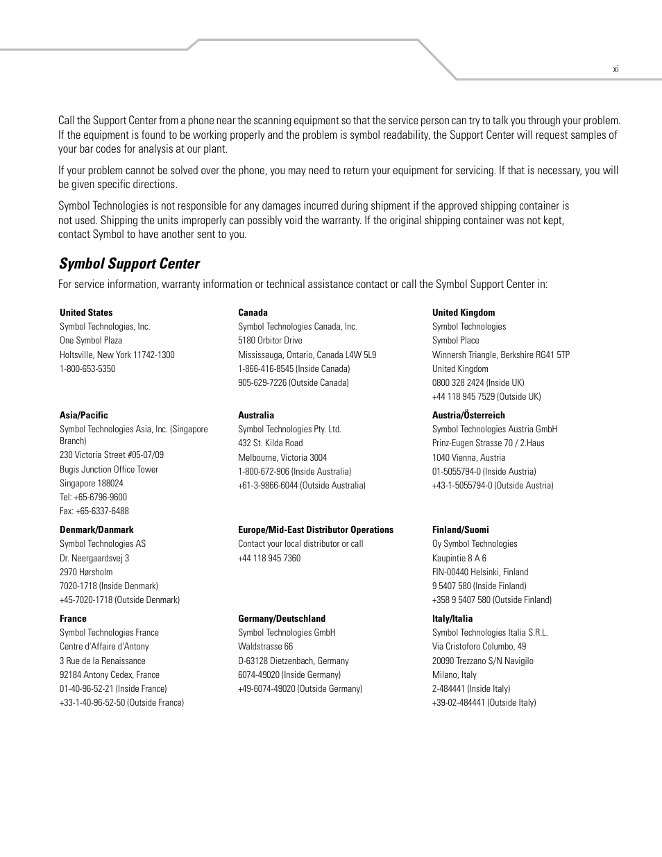 Symbol support center, Gion. see, For contact information | Symbol Technologies MC50 User Manual | Page 15 / 102