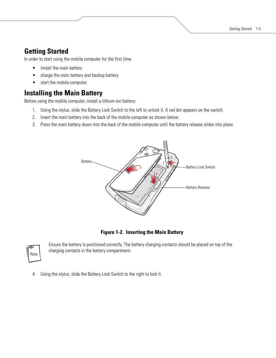 Getting started, Installing the main battery, Getting started -5 installing the main battery -5 | Getting started -5, Installing the main battery -5 | Symbol Technologies MC50 User Manual | Page 21 / 102