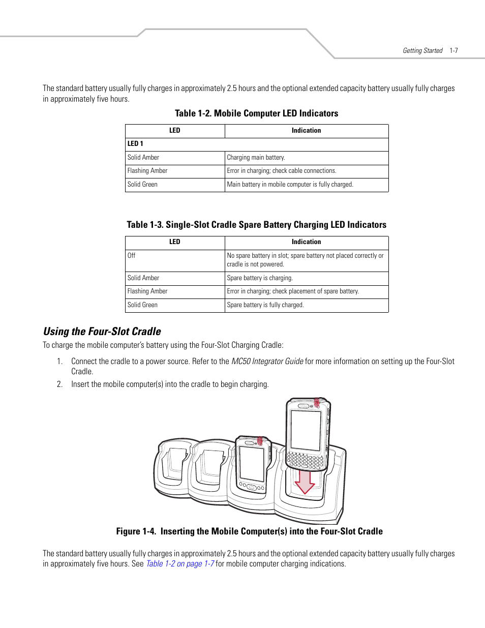 Using the four-slot cradle, Using the four-slot cradle -7 | Symbol Technologies MC50 User Manual | Page 23 / 102