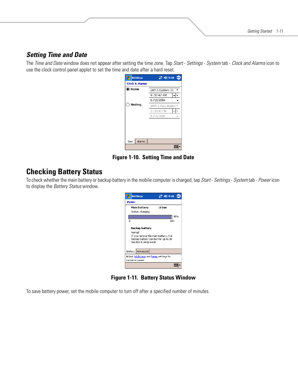 Setting time and date, Checking battery status, Setting time and date -11 | Checking battery status -11 | Symbol Technologies MC50 User Manual | Page 27 / 102