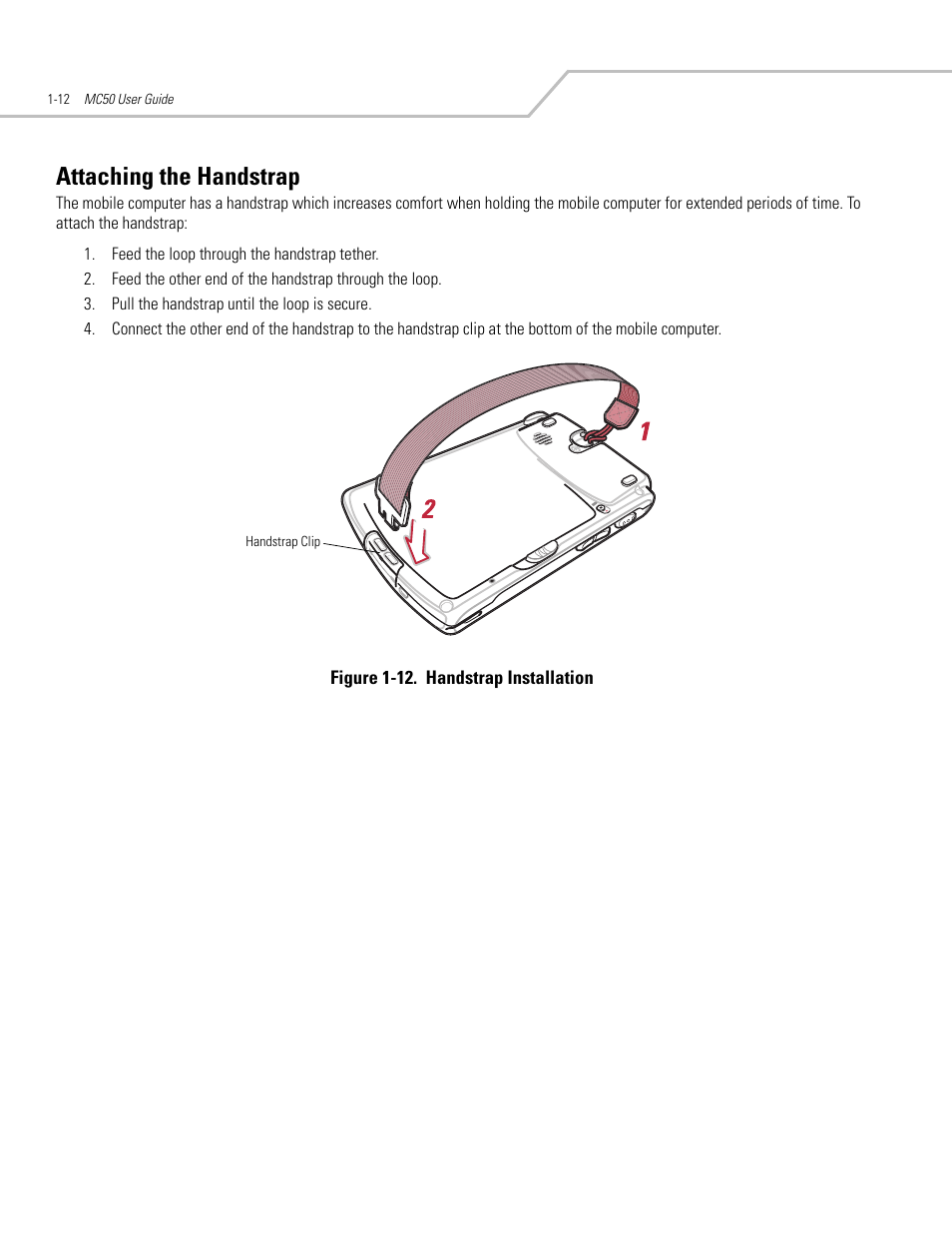 Attaching the handstrap, Attaching the handstrap -12 | Symbol Technologies MC50 User Manual | Page 28 / 102
