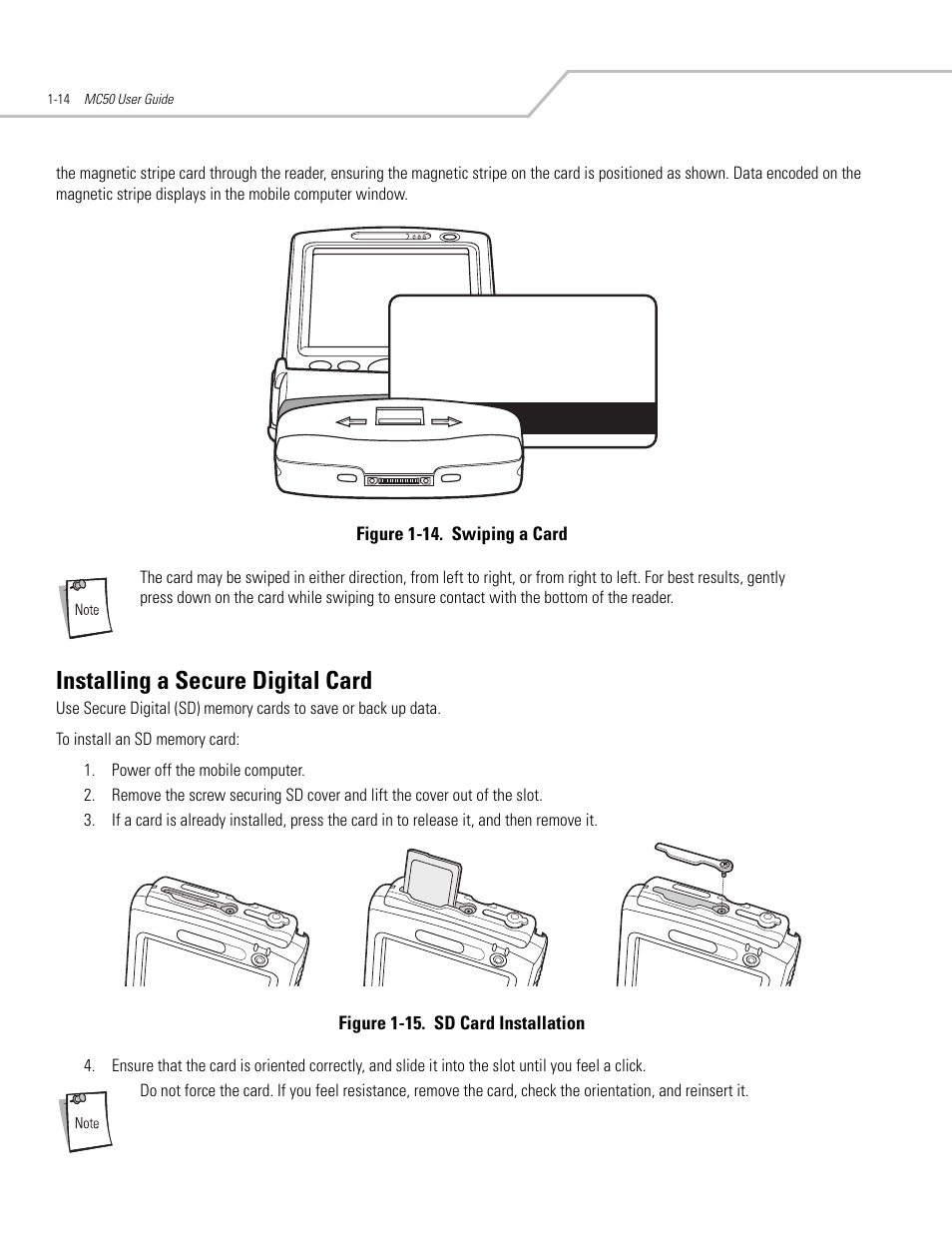 Installing a secure digital card, Installing a secure digital card -14 | Symbol Technologies MC50 User Manual | Page 30 / 102