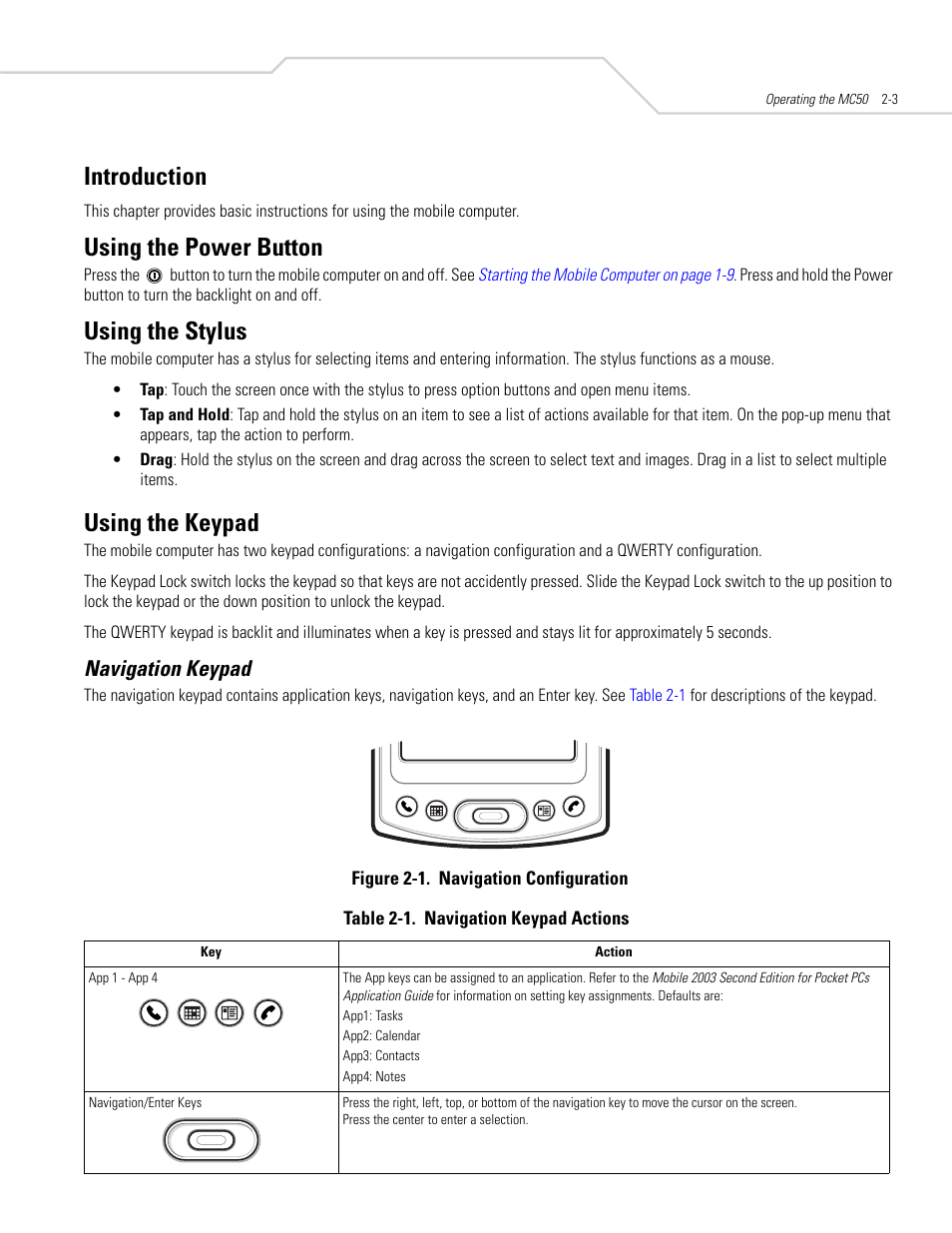 Introduction, Using the power button, Using the stylus | Using the keypad, Navigation keypad, Introduction -3 using the power button -3, Using the stylus -3 using the keypad -3, Navigation keypad -3 | Symbol Technologies MC50 User Manual | Page 35 / 102
