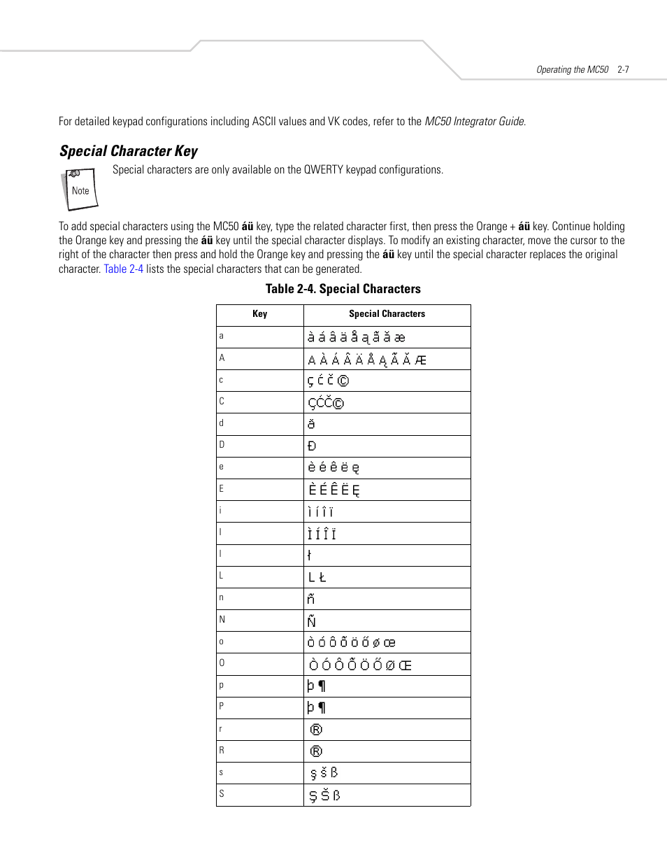 Special character key, Special character key -7, Rphtfwá6sffh pбdpбyб | Frpá | Symbol Technologies MC50 User Manual | Page 39 / 102