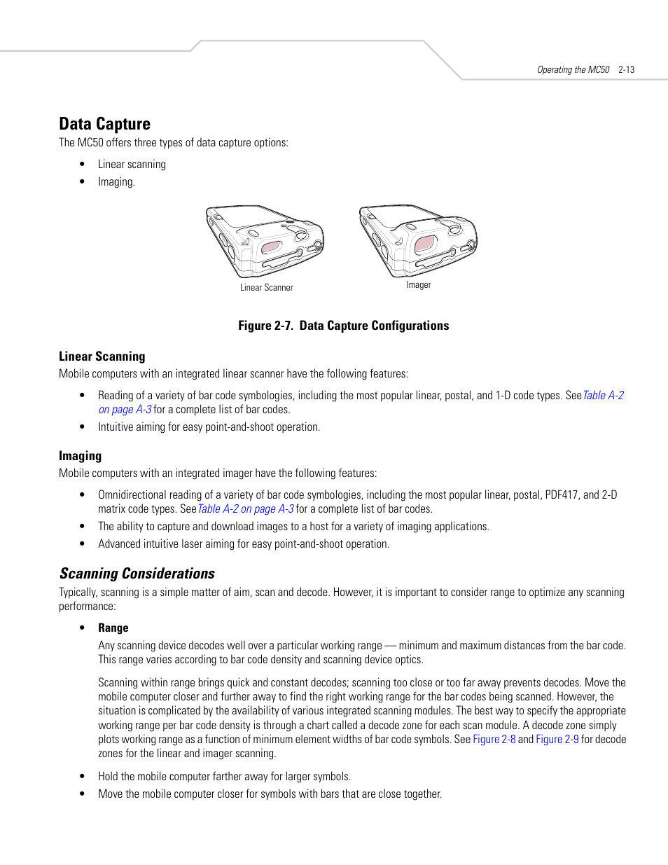 Data capture, Scanning considerations, Data capture -13 | Scanning considerations -13 | Symbol Technologies MC50 User Manual | Page 45 / 102