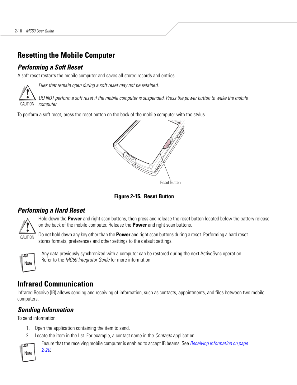 Resetting the mobile computer, Performing a soft reset, Performing a hard reset | Infrared communication, Sending information, Resetting the mobile computer -18, Infrared communication -18, Sending information -18 | Symbol Technologies MC50 User Manual | Page 50 / 102