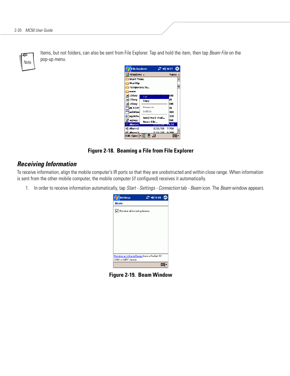 Receiving information, Receiving information -20 | Symbol Technologies MC50 User Manual | Page 52 / 102