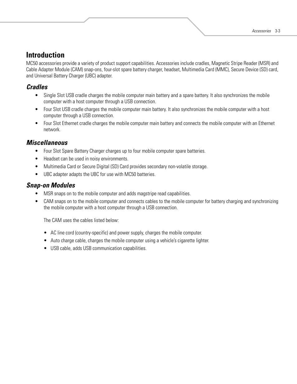 Introduction, Cradles, Miscellaneous | Snap-on modules, Introduction -3, Cradles -3 miscellaneous -3 snap-on modules -3 | Symbol Technologies MC50 User Manual | Page 57 / 102