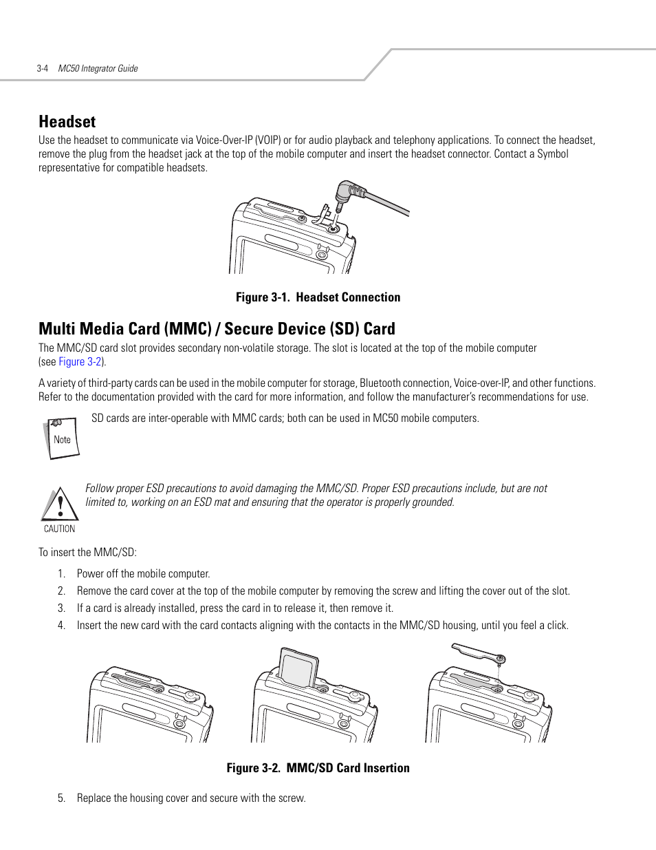 Headset, Multi media card (mmc) / secure device (sd) card | Symbol Technologies MC50 User Manual | Page 58 / 102