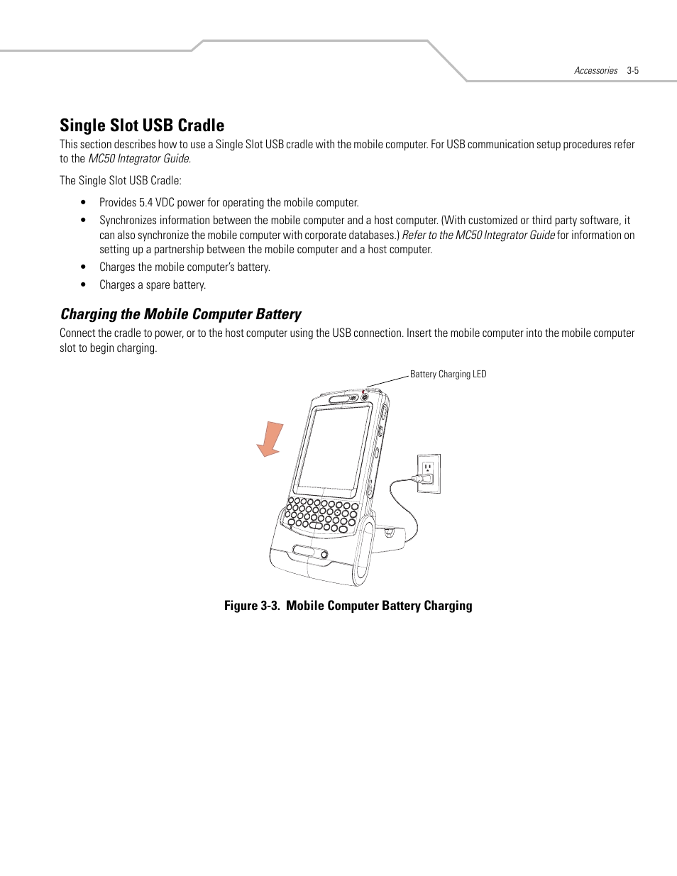 Single slot usb cradle, Charging the mobile computer battery, Single slot usb cradle -5 | Charging the mobile computer battery -5 | Symbol Technologies MC50 User Manual | Page 59 / 102