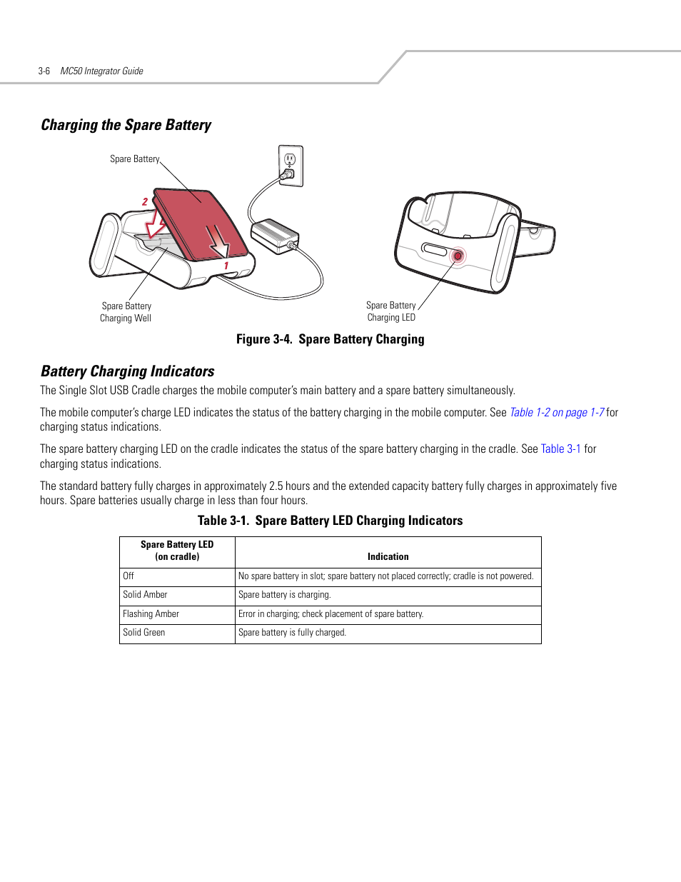 Charging the spare battery, Battery charging indicators | Symbol Technologies MC50 User Manual | Page 60 / 102