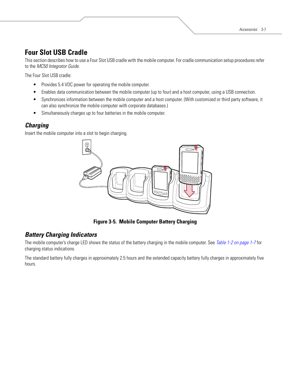 Four slot usb cradle, Charging, Battery charging indicators | Four slot usb cradle -7, Charging -7 battery charging indicators -7 | Symbol Technologies MC50 User Manual | Page 61 / 102