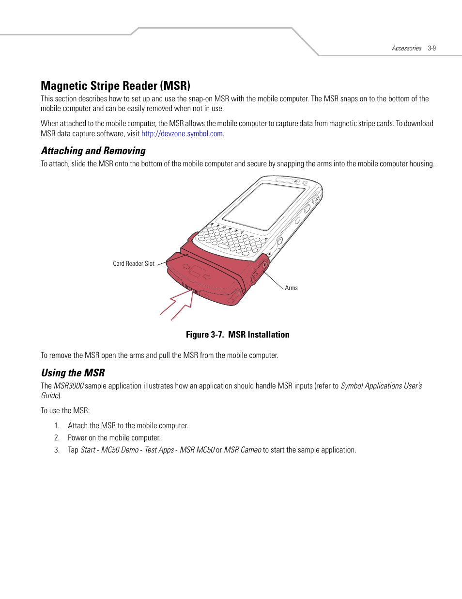 Magnetic stripe reader (msr), Attaching and removing, Using the msr | Magnetic stripe reader (msr) -9, Attaching and removing -9 using the msr -9 | Symbol Technologies MC50 User Manual | Page 63 / 102