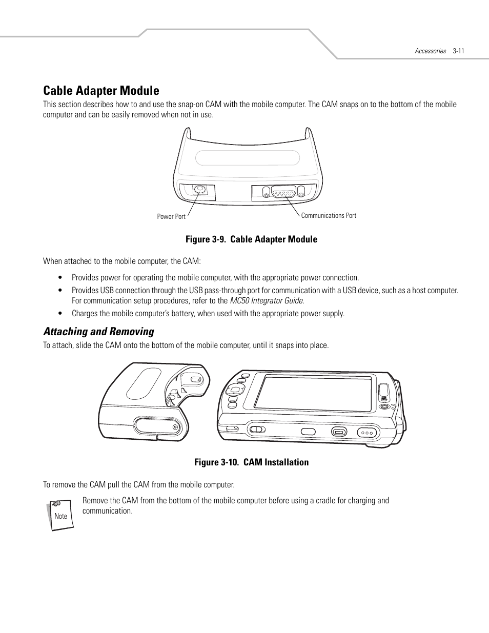 Cable adapter module, Attaching and removing, Cable adapter module -11 | Attaching and removing -11 | Symbol Technologies MC50 User Manual | Page 65 / 102