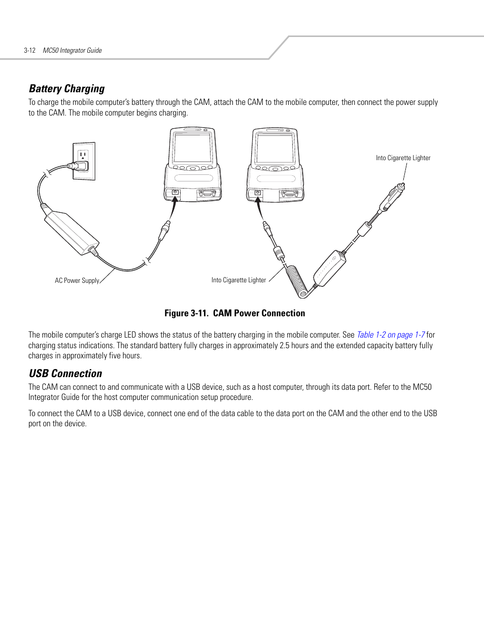Battery charging, Usb connection, Battery charging -12 usb connection -12 | Symbol Technologies MC50 User Manual | Page 66 / 102