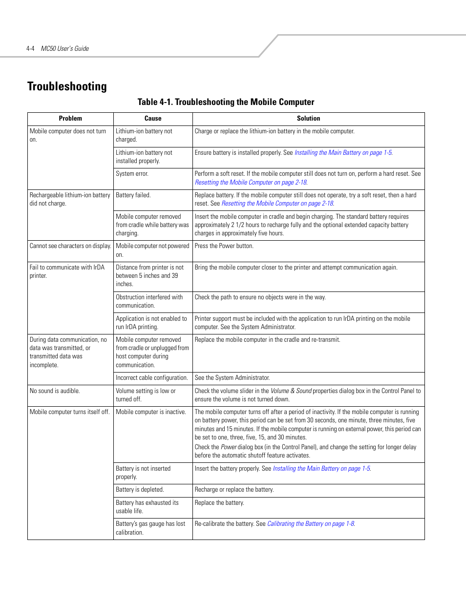 Troubleshooting, Troubleshooting -4, Table 4-1. troubleshooting the mobile computer | Symbol Technologies MC50 User Manual | Page 74 / 102