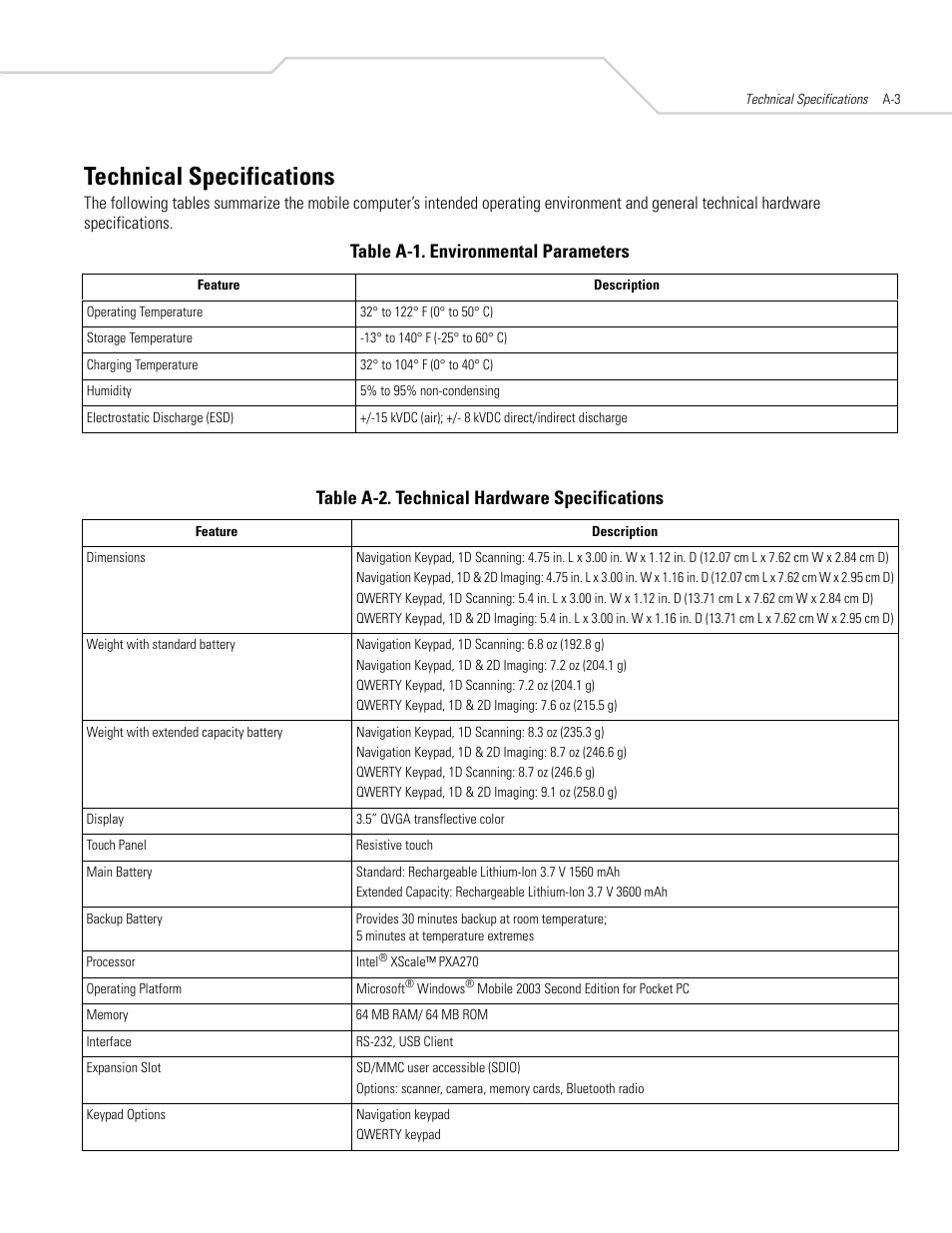 Technical specifications, Table a-2, Table a-1. environmental parameters | Table a-2. technical hardware specifications | Symbol Technologies MC50 User Manual | Page 79 / 102