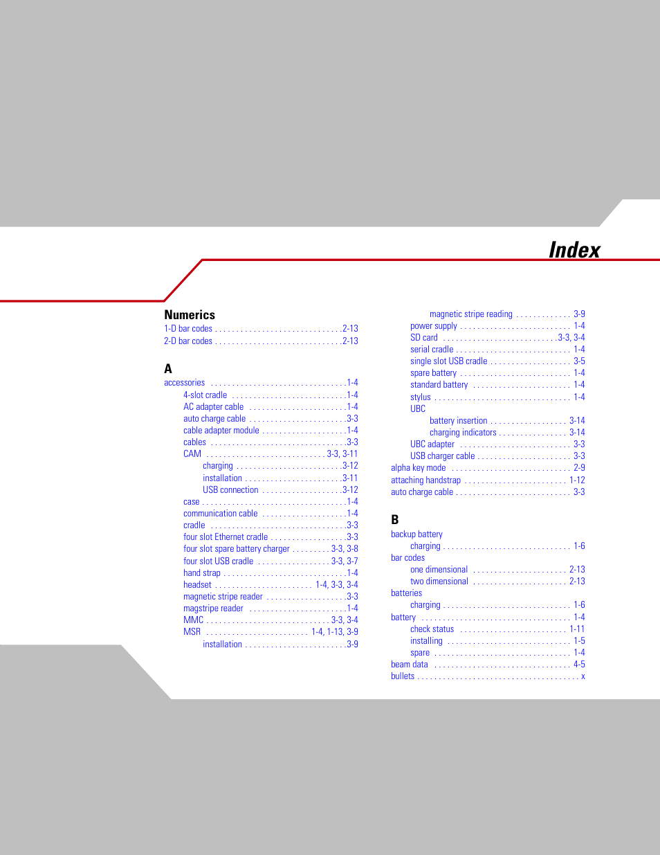 Numerics, Index | Symbol Technologies MC50 User Manual | Page 95 / 102